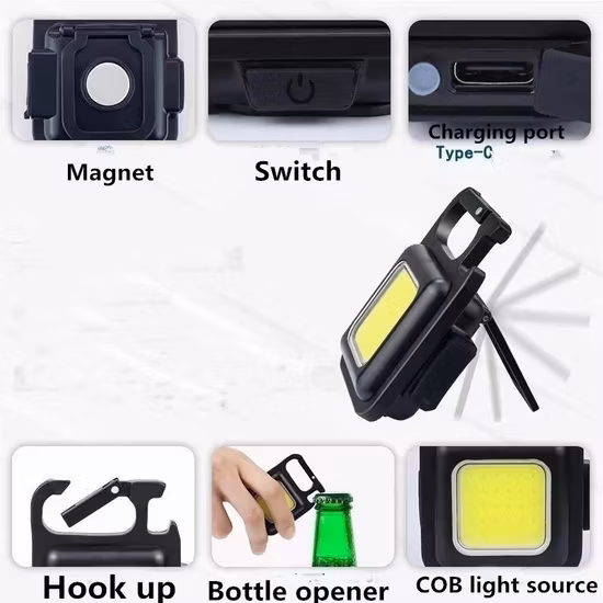 Mini LED 1500lm Flashlight Work Light Portable Pocket Flashlight Keychains USB Rechargeable for Outdoor Camping Small Corkscrew